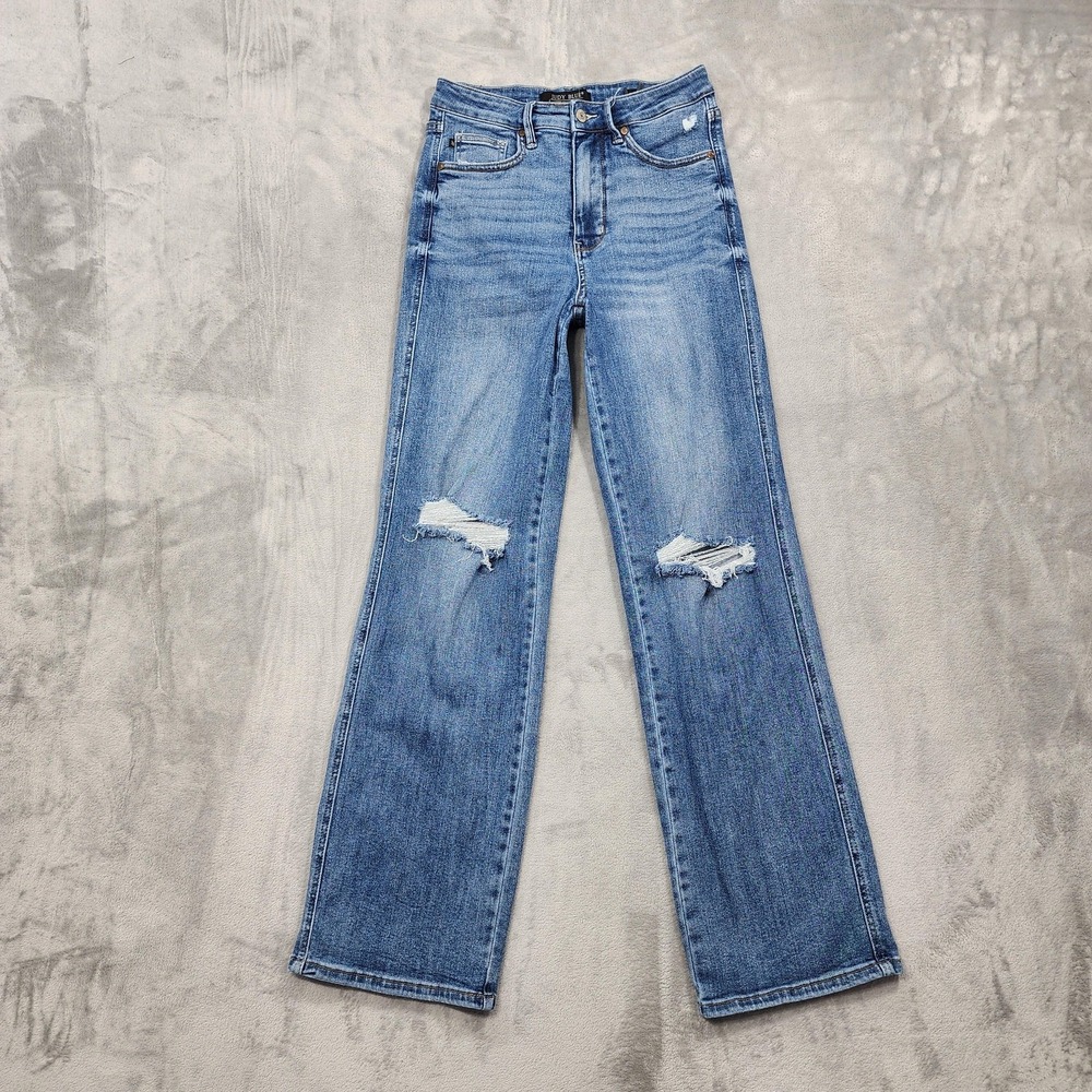 Judy Blue Jeans Womens 7/28 Blue Mid Rise Distressed Straight Leg Stretch Denim